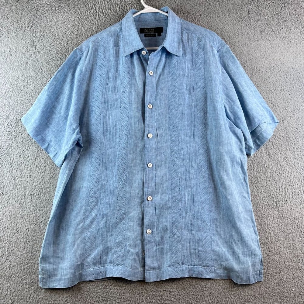 Nat Nast Mens L American Fit Blue 100% Linen Short Sleeve Button Up Shirt